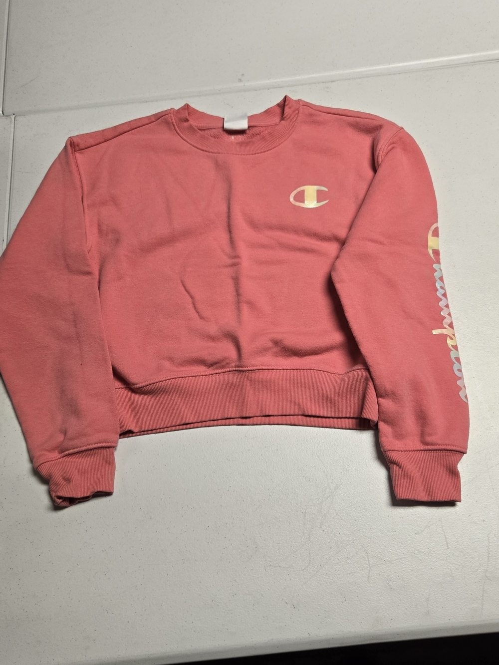 Youth Champion Crewneck Sweatshirt Coral Pink, Size Large (14)